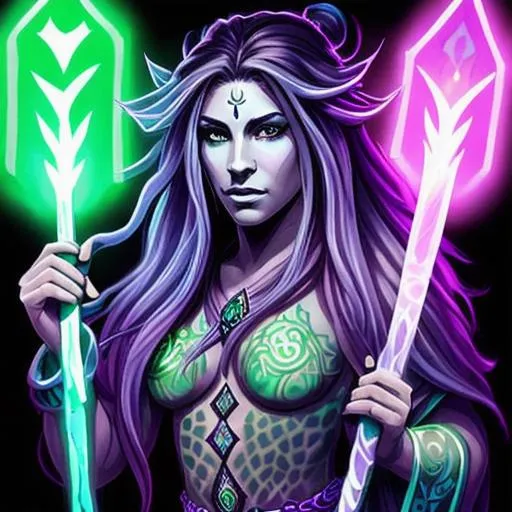 Prompt: Water genasi female druid with purple long hair, blue-green skin, glowing green eyes, robe,  tattoos

