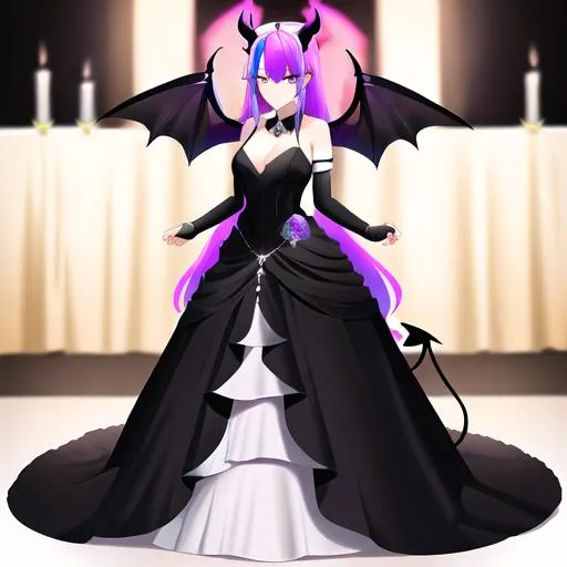 Prompt: Haley  as a demon horse hybrid (bright multi-color hair) (multi-color eyes) wearing a black wedding dress (demon tail) (black demon wings) standing at the altar in hell, looking sad