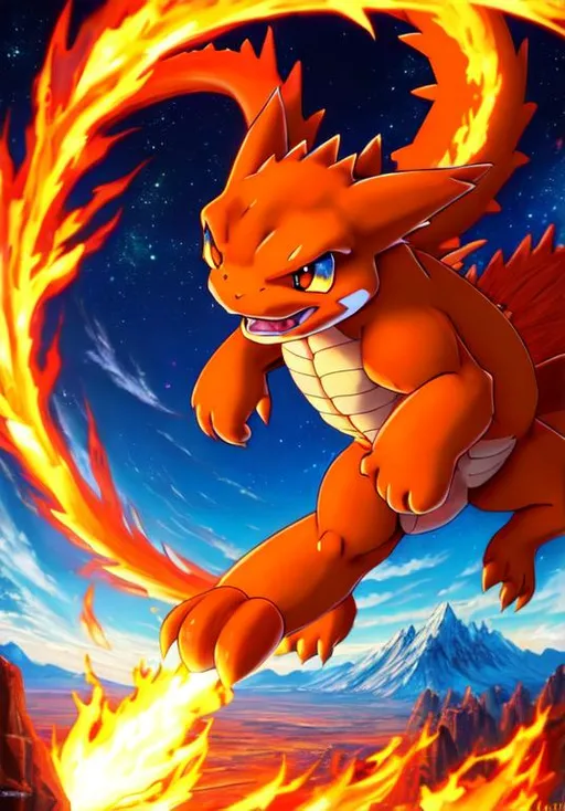 Prompt: UHD, , 8k,  oil painting, Anime,  Very detailed, zoomed out view of character, HD, High Quality, Anime, mountain, Pokemon, Pack of Charmander, dragon-like with large flame on tail, Charmander is a small bipedal, reptilian Pokémon with a primarily orange body and blue eyes. Their underside from the chest down and the soles of their feet are cream-colored. they has two small fangs visible in their upper jaw and two smaller fangs in their lower jaw. A fire burns at the tip of this Pokémon's slender tail and has blazed there since Charmander's birth. The flame can be used as an indication of Charmander's health and mood, burning brightly when the Pokémon is strong, weakly when they is exhausted, wavering when they is happy, and blazing when they is enraged. It is said that Charmander would die if their flame were to go out. However, if the Pokémon is healthy, the flame will continue to burn even if they get a bit wet and is said to steam in the rain.

Charmander can be found in hot, mountainous areas. However, it is found far more often in the ownership of Trainers. As shown in Pokémon Snap and New Pokémon Snap, Charmander exhibits pack behavior, calling others of its species if it finds food, and watching the flames on each other's tails to ensure they don't go out.

Pokémon by Frank Frazetta