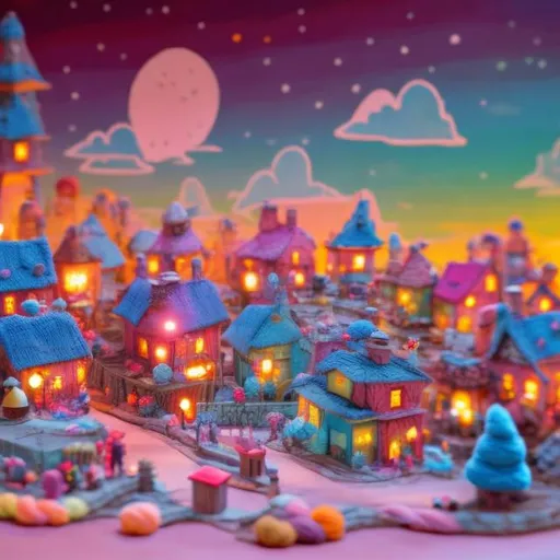 Prompt: Sunset over imaginary toy village made of colorful yarn