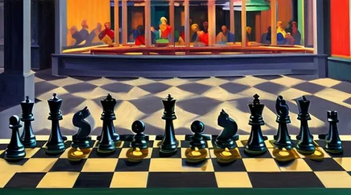 Prompt: Abstract chess pieces oil painting in style of edward hopper