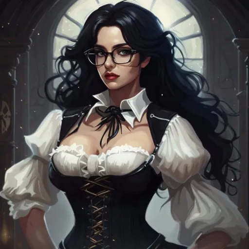 Prompt: a black hair witch with glasses wear white blouse and push up bustier corset and white work pants and black knee high boots
