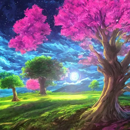 Prompt: beautiful landscape with a magically glowing pink blue tree in the middle and a flabbergasting starscene at night in the pokemon world painting