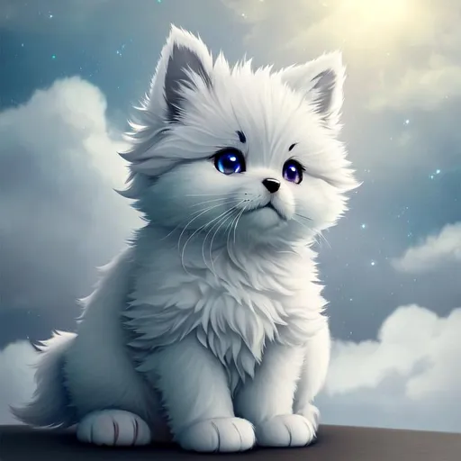 Prompt: Cute, very, very, light gray, fluffy, fantasy light puppy, with cloudy, white eyes, very, light, light, gray fur, and possessing the element of air and making circles of clouds and air move around in the air in a magical way, in a space background. Perfect features, extremely detailed, realistic. Krenz Cushart + loish +gaston bussiere +craig mullins, j. c. leyendecker +Artgerm.