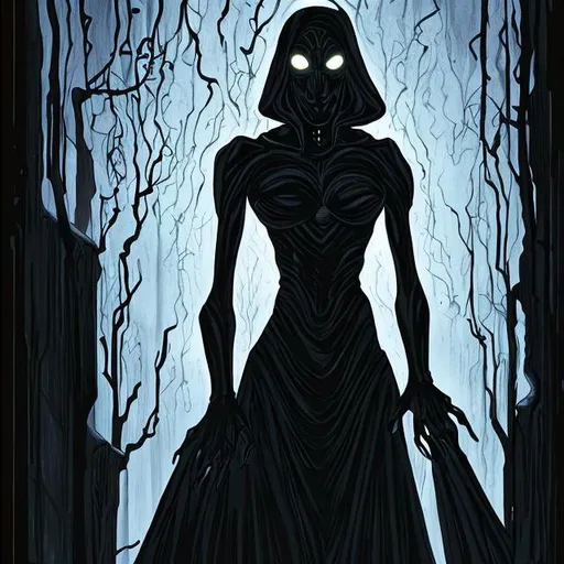 Prompt: Make a graphic novel style painting of a tall, dark figure with glowing eyes looming behind a scared, beautiful woman in a dark room.