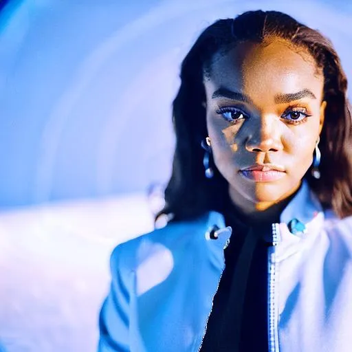 Prompt: China Anne McClain is a futuristic civil servant dressed in a Space-1999-inspired business suit on a space station. photorealistic, accurate face
