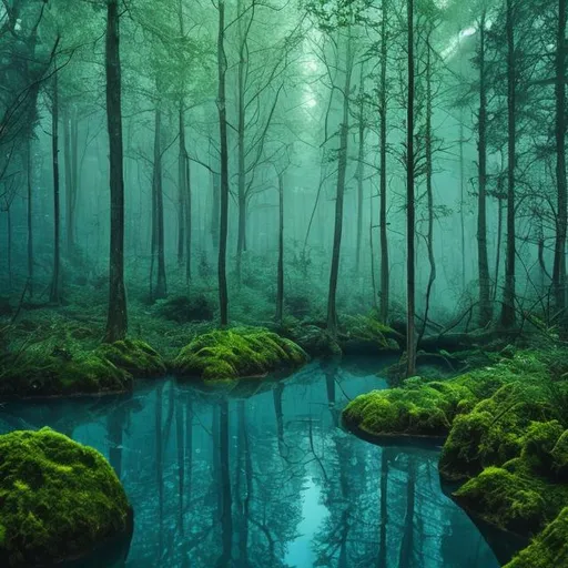 Prompt: forest between the water 