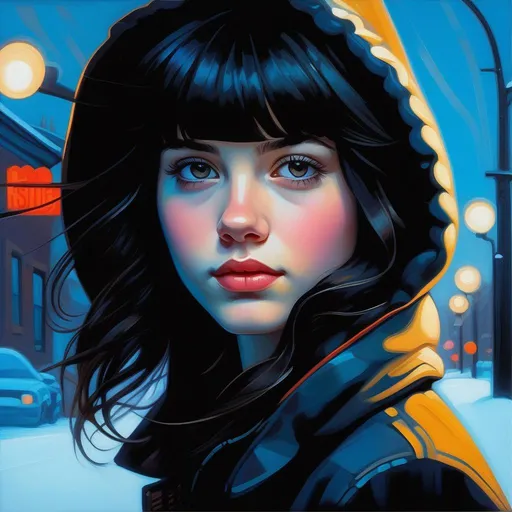 Prompt: Facial portrait of a 13 years old girl, pale skin, black hair, bangs, dark brown eyes, snow, wind, urban setting, neon, stylized font, cartoony style, extremely detailed painting by Greg Rutkowski and by Henry Justice Ford and by Steve Henderson
