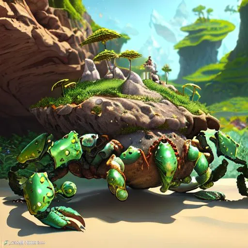 Prompt:   Metal shell crab character ,Zahara, clouse-up,
 hyperrealistic, photorealistic, ultra-detailed, intricate details, unreal engine, octane render, bioma of sand, cavern in the sand   and amazing landscape ,rocks and gigant green fern, 4k. A vine covered tutor in the style of alexander jansson and gediminas pranckevicius mystical, magical, bloosom, volumetric lighting.