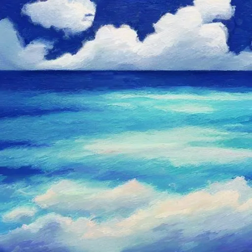 Prompt: Ocean with clouds above painted in Pixar style