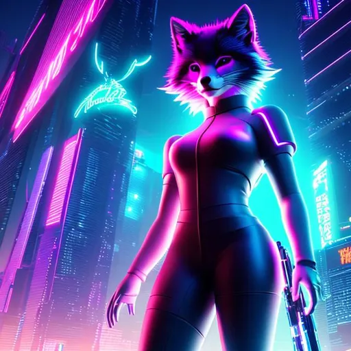 Prompt: Full body in shot. Epic. ((Ultra-detailed depiction)). (Beautiful and aesthetic:1.2). synth-wave, aesthetic cyberpunk, Miami, highway, dusk, neon lights, coastal highway, anthropomorphic fox, fluffy, poofy tail, long hair ponytail, 