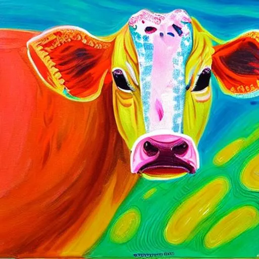 Prompt: A bright, vibrant, dynamic, spirited, vivid painting of a dairy cow with snakeskin stripes. 