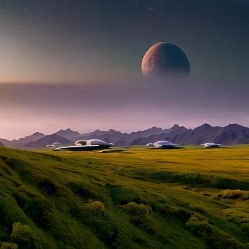 Prompt: a beautiful vista of rolling hills and alien flowers, with one prefabricated building, in the style of Star Trek. {Star Trek: The Next Generation}