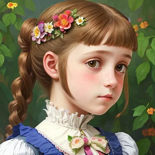 Prompt: a young girl wearing a victorian dress  flowers in her hair, facial closeup