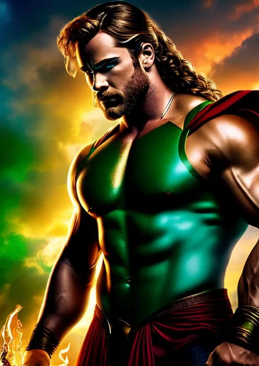 Prompt: High-resolution hyperrealistic photo of marvel's demigod {hercules} merged with thor, green and red and gold and blue costume, uhd, hdr, 64k