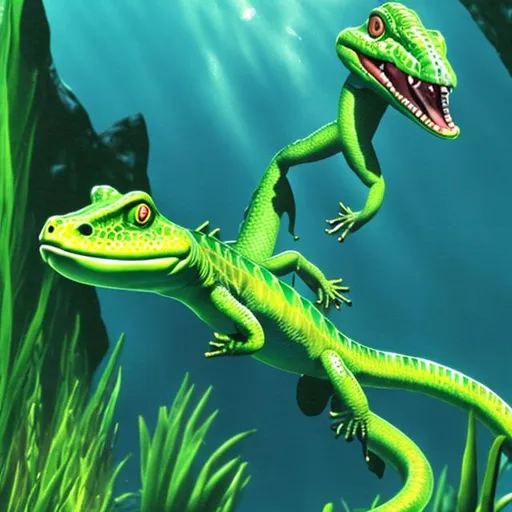 Prompt: Gex the lizard swimming underwater