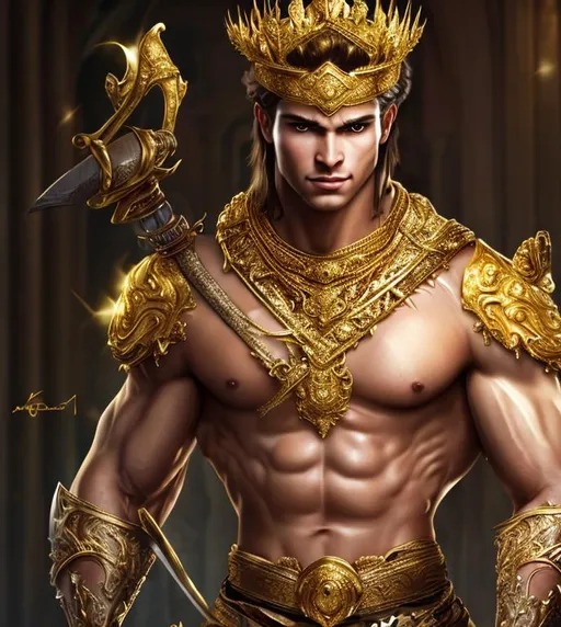 Prompt: A muscular man with attractive face wearing golden earrings thick golden necklace dresses like a warrior with a golden silver alloted aromour holding a flawless sword with golden handle wearing a pretty golden crown young prince handsome face looking confident about to attack fierce looks realistic hd art ultra realistic prince photo 