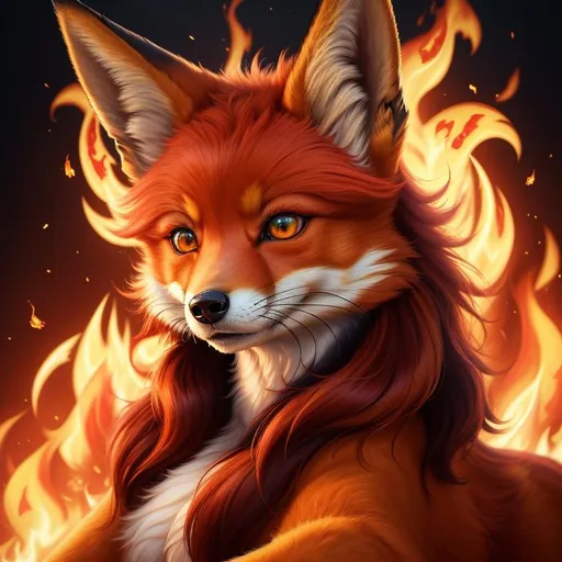 Prompt: make mouth smooth, (8k, 3D, UHD, ultra sharp, very detailed, masterpiece, detailed oil painting) portrait of fire elemental ((fox)), (canine quadruped), adolescent female, silky crimson-red fur, emerald green eyes, 8k eyes, youthful, lively, lithe, black fur highlights, long silky hair on crest, (plump), umber red mane, solid red belly, beautiful charming grin, graceful, wispy brown ears, wispy ruby-red mane flowers on fur, snow-capped trees, fur dusted with snow, forest, silky bushy tail, billowing mane, professional, unreal engine, dynamic, highly detailed, detailed smiling face, 4k, 64k, UHD