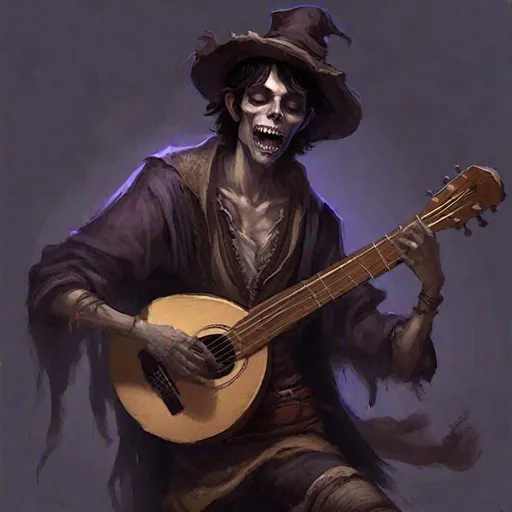 Prompt: Full body splash art of a sweet, youthful, young, handsome, male undead zombie bard, singing and playing the lute, mummified pale face, black hair, skinny, tyrian purple medieval noble clothes with puffy sleeves, floppy hat with feathers, D&D, dnd, fantasy, highly detailed, sharp focus, digital painting, trending on artstation, 4k, 8k, unreal engine