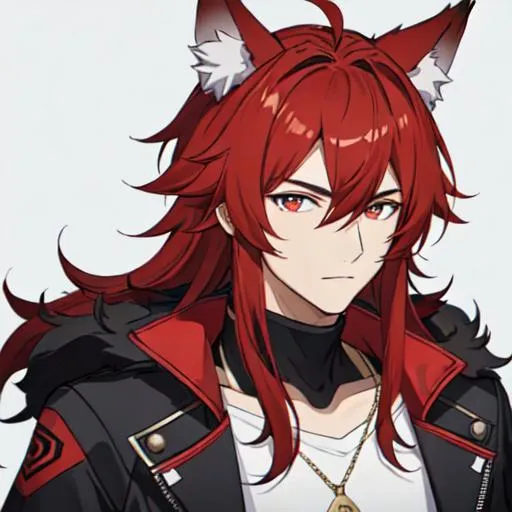 Prompt: male(Red side-swept hair covering his right eye) wolf ears, wolf tail, HD, 8K