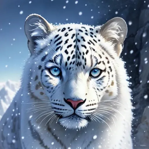 Prompt: Watercolor portrait of a white leopard, snow-covered rocks and mountains in the background, it is snowing iridescent markings and a cute face, perfect composition, hyperrealistic, super detailed, 8k, high quality, trending art, trending on artstation, sharp focus, studio photo, intricate details, highly detailed, by greg rutkowski, illustration, watercolor