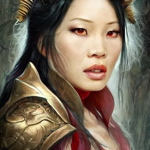 Prompt: Breathtaking young Tan Sri Lucy Liu from Diablo III as Wizard by Blizzard Entertainment wearing wizard robes by Gerald Brom, Raja Ravi Varma, and Meryl McMaster striking high quality digital art, highly detailed inspired by Pinterest cosplay looking at viewer with big reflective beautiful eyes
