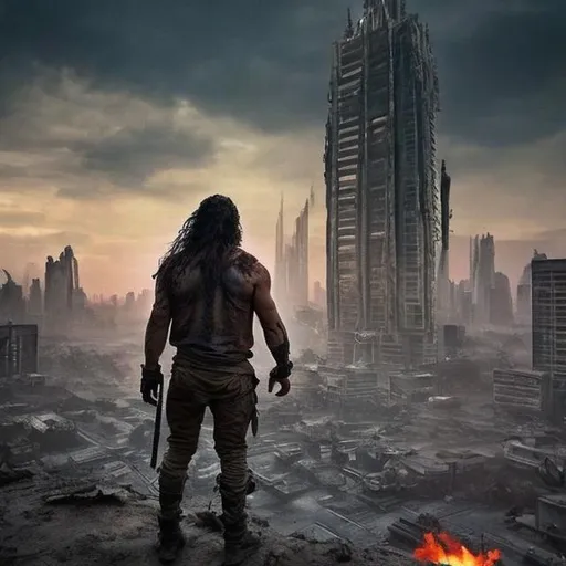 Prompt: Post apocalyptic city with a man that looks like Jason momoa standing on top a a skyscraper with two burning magnesium fire torches in his hands 