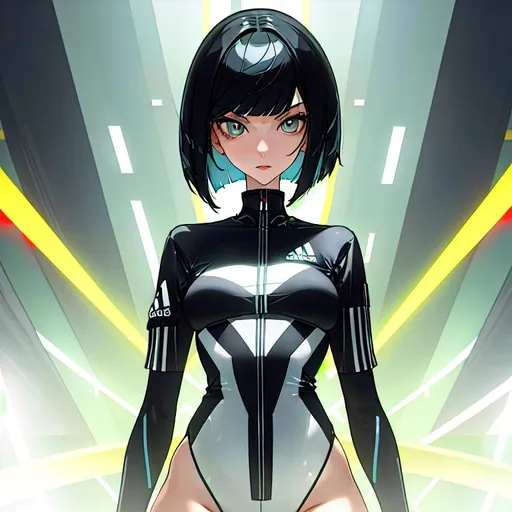 Prompt: a lonely AI girl, very tall, thick thighs, wide hips, long legs, slender arms, slender waist, big beautiful symmetrical eyes, intriguingly beautiful face, aloof expression, bob haircut with bangs, wearing Adidas clothes, high fashion, 12K resolution, hyper quality, hyper-detailed, hyper-realistic, hyper-professional