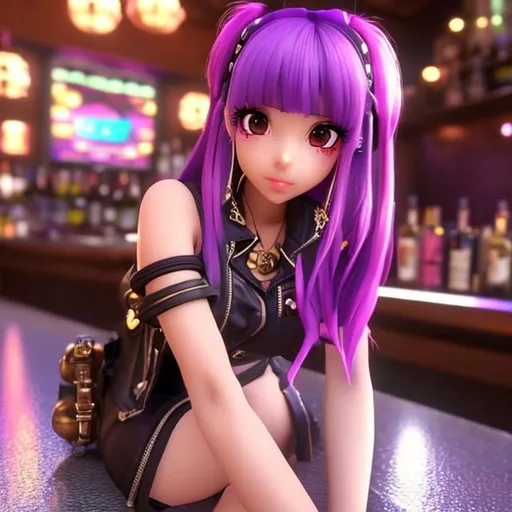 Prompt: A cute anime girl sitting at a bar, shes wearing a steampunk crop top and ripped denim shorts she had a shot of gin in her hands. she has bubblegum purple hair. 3D ANIME