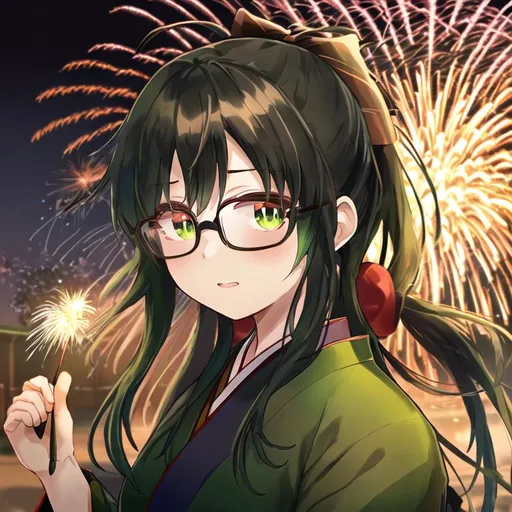 Prompt: Background: Niigata where fireworks are going off in the sky Time: Evening Character: A twenty-five-year-old human woman Expression: Dark green pupils, puffed cheeks like jealousy Face: Pure black full-frame glasses, black long hair, wearing a dark green bow Upper body: Wearing a Japanese-style kimono with a solid matcha green color Lower body: Wearing Japanese-style wooden clogs Holding a puppet of a matcha-colored puppy in both hands, the head is slightly facing the sky from the fireworks Image Style: Japanese Anime 