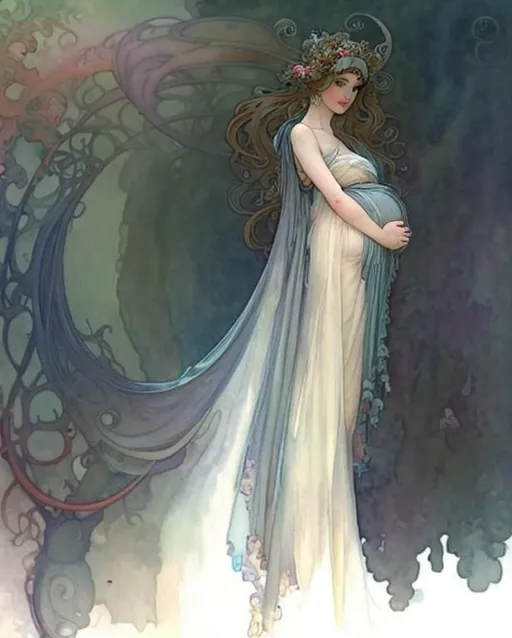 Prompt: please create a soft watercolor painting of a beautiful pregnant large belly elf witch with a long neck in a  fashion red dress in the style of fantasy painted by alphonse mucha, amy sol, nekro, dmt art, symmetrical vogue face portrait, intricate detail, artstation, artgerm, rococo