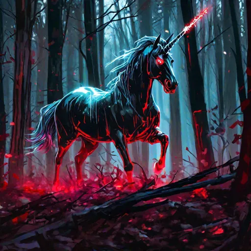 Prompt: A murderous translucent unicorn that is glowing, in a forest surrounded by carnage, bioluminescent red eyes, scary, horrifying, terrifying, creepy, highres, best quality, concept art