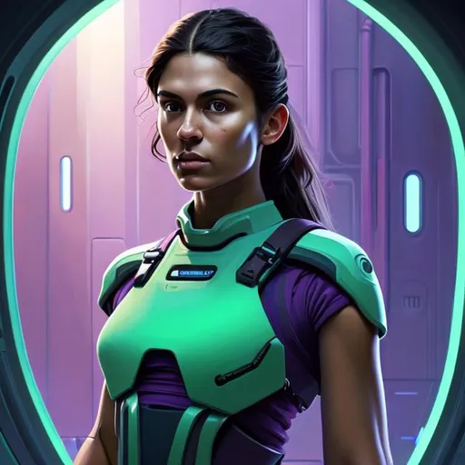 Prompt: Oil painting of a woman with slightly Indian features with dark hair tied back, pretty face with large chest and wide hips, In futuristic storage bay, wearing futuristic dark green body protection vest over whole torso, no sleeves bare arms, purple shorts bare legs, perfect composition, hype realistic, super detailed, 8k, high quality, trending art, trending on artstation, sharp focus, studio photo, intricate details, highly detailed, by greg rutkowski