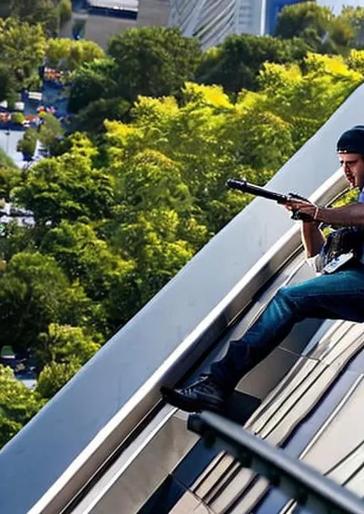 Prompt: a mob hitman pointing a sniper's rifle over the ledge of a tall building's roof :: man dressed in T-shirt and blue-jeans