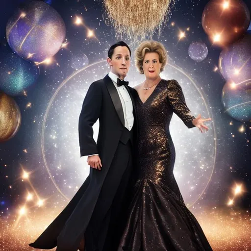 Prompt: Magician in a tuxedo on top of a godmother in a ball gown creating sparkling magic spewing out from in between them