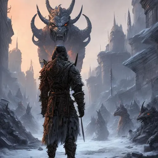 Prompt: An eastern oriental, armored man stands with their back to the point of view, left of center. They are exploring the destroyed streets of an ancient, destroyed frozen fantasy city deep in a boreal forest. A large demon is right and up of center, and menaces the man.