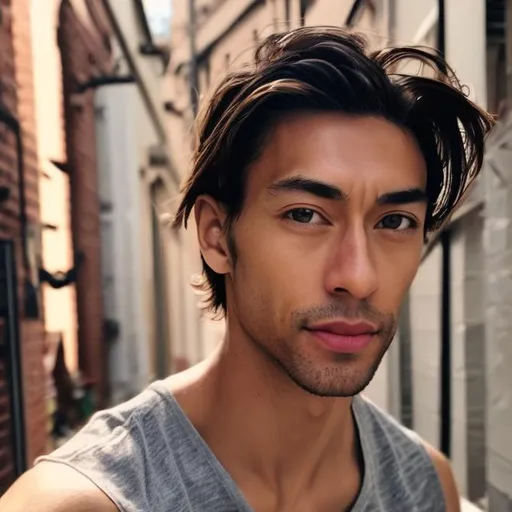 Very handsome euro-asian man of 25, with pale blue eyes, black