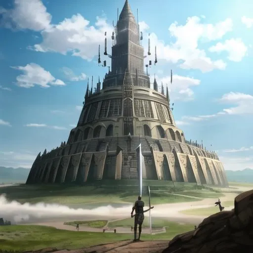 Prompt: A man with a sword in front of the Tower of Babel