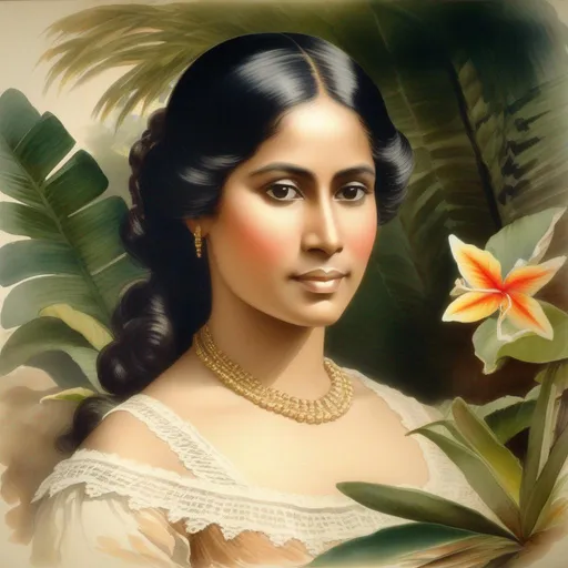 Prompt: (watercolor painting), portrait, half body, tropical garden, tropical flowers, beautiful Indonesian woman, (1870, Victorian clothes, lace shawl round shoulders), (round face, high cheekbones, almond-shaped brown eyes, epithanic fold, long wavy black hair, small delicate nose, slightly flattened nose bridge, wide nasal base, light tan skin), style Elizabeth Murray, Watercolor, trending on artstation, sharp focus, studio photo, intricate details, highly detailed, by greg rutkowski