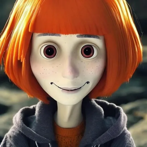 Prompt: Coraline look like: Orange hair and Fringe woman
