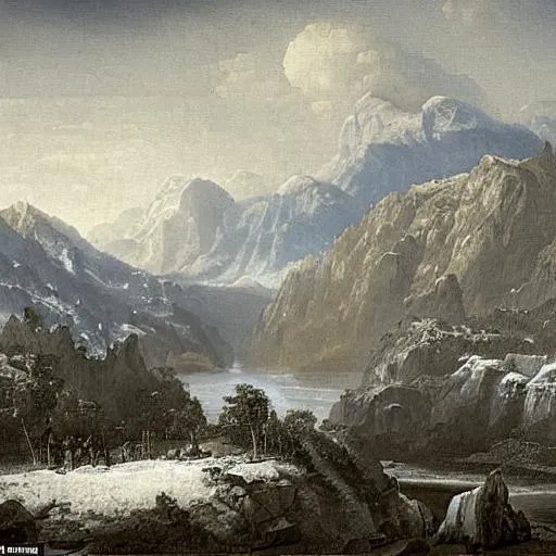 Prompt: A scene set in a valley surrounded by mountains, pictured when the Ice Age was coming to an end