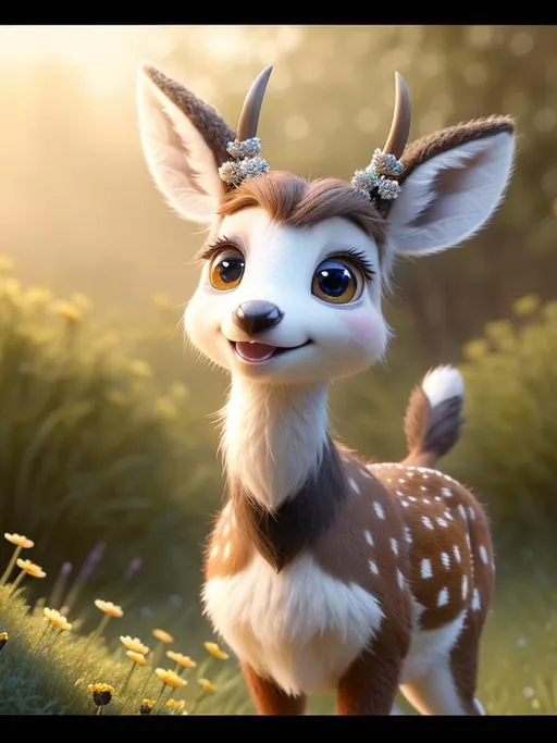 Prompt: Disney Pixar, exquisite new character, cute deer, highly detailed, fluffy, intricate details, beautiful big eyes, maximum cuteness, lovely, adorable, beautiful, flawless, masterpiece, soft dramatic moody lighting, radiant love aura, ultra high quality octane render, hypermaximalist, trending on artstation, Anna Dittmann, Tom Blackwell