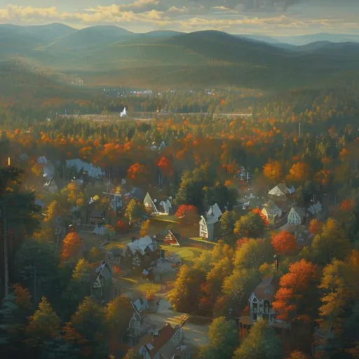 Prompt: bird's eye view of a beautiful painting of a small, sleepy New Hampshire town nestled in a forest by greg rutkowski, trending on artstation