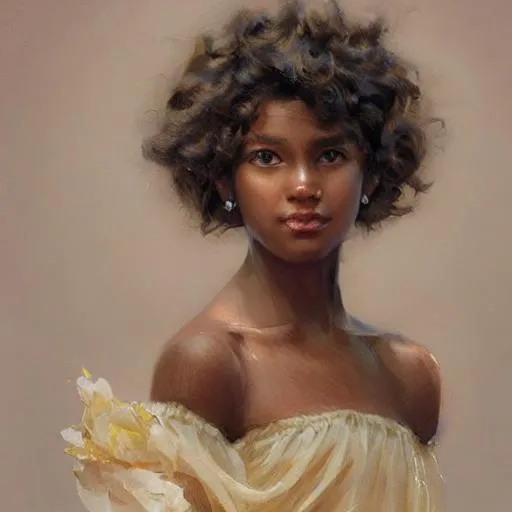 Prompt: Portrait of a young girl, 11, brown skin, black curly flowing hair, hazel brown eyes, wearing a pale yellow dress infinitely extending, perfect features, oil painting effect Krenz Cushart + loish +gaston bussiere +craig mullins, j. c. leyendecker +Artgerm, oil painting texture.