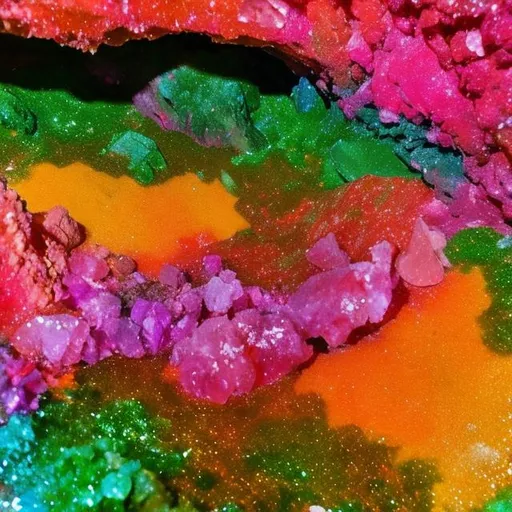 Prompt: red green rainbow green pink pink yellow gold pink green crystals in a massive cave frog