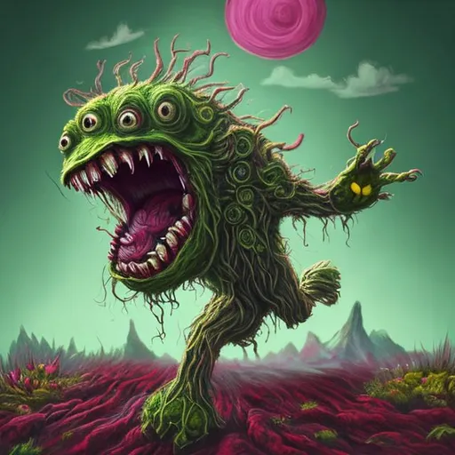 Prompt: flower monster, open mouth, teeth, scary, green, pink, red, art, not realistic, roots as legs and hands, walking on top of the world