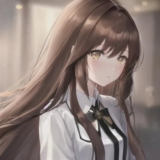 Prompt: girl, mystic messenger, portrait, brown hair, long hair, straight hair, cinematic light