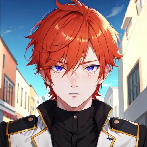 Prompt: Erikku male adult (short ginger hair, freckles, right eye blue left eye purple) UHD, 8K, Highly detailed, insane detail, best quality, high quality,  anime style, as a police officer