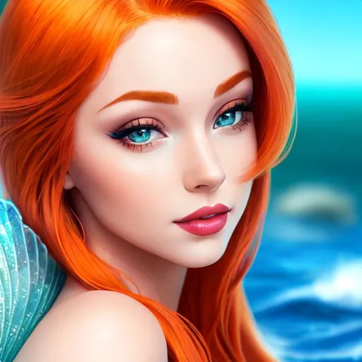 Prompt: a beautiful mermaid with pale skin and orange hair  and lips, Ariel , 4k,  facial closeup



