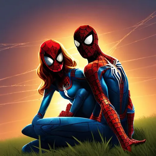 Prompt: simple digital art for spider man and mary jane sitting in a field 